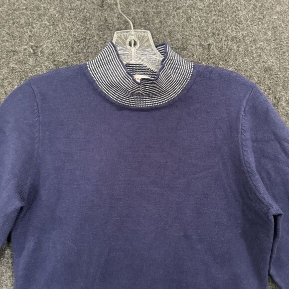 Nanette Lepore Sweater Women's Small Navy Mock Neck Ruffle Trim Long Sleeve Knit - Picture 2 of 9
